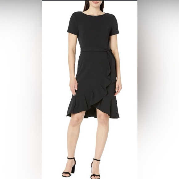 NWT Calvin Klein Ruffle Sheath in Black Belted Sleeveless Dress 12 - Picture 1 of 8